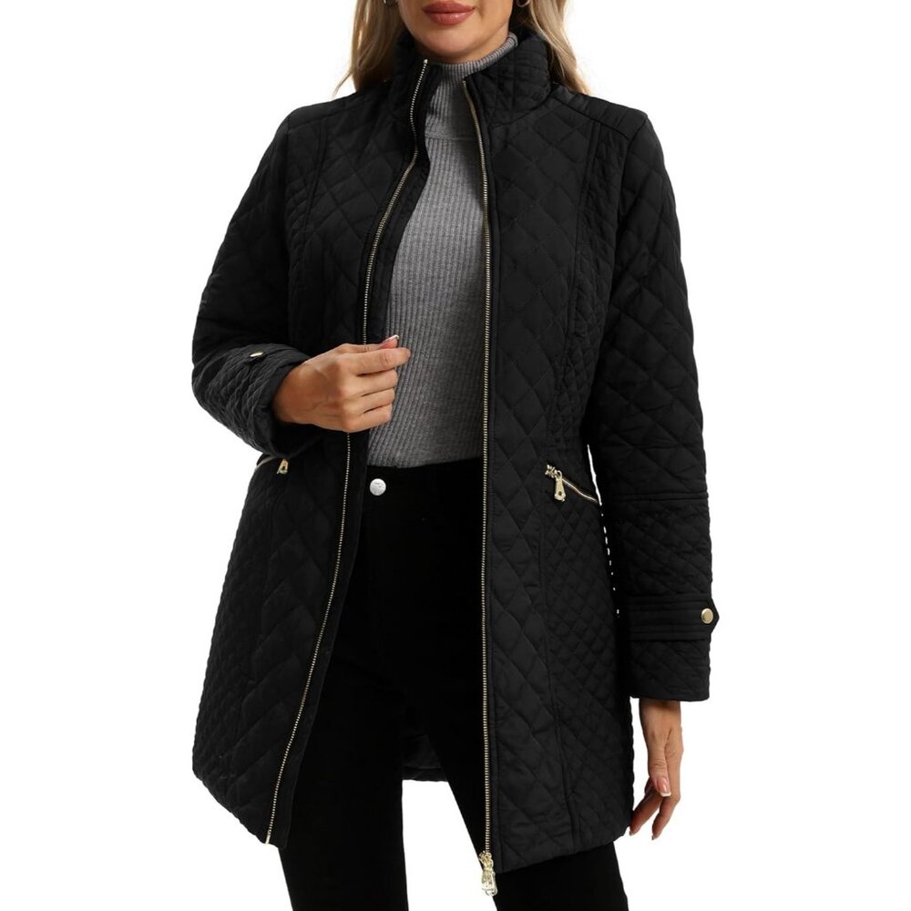 Women's Lightweight Black Long Quilted Jackets Coat Design Warm Stand Collar - Picture 2 of 6
